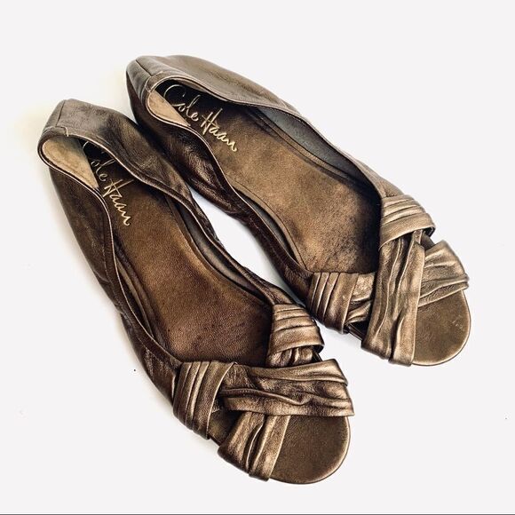 COLE HAAN NIKE AIR BRONZE LEATHER PEEP TOE FLATS - Picture 1 of 8